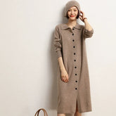 Button-Front Knit Dress with Collar Cashmere Long Sweater Dress